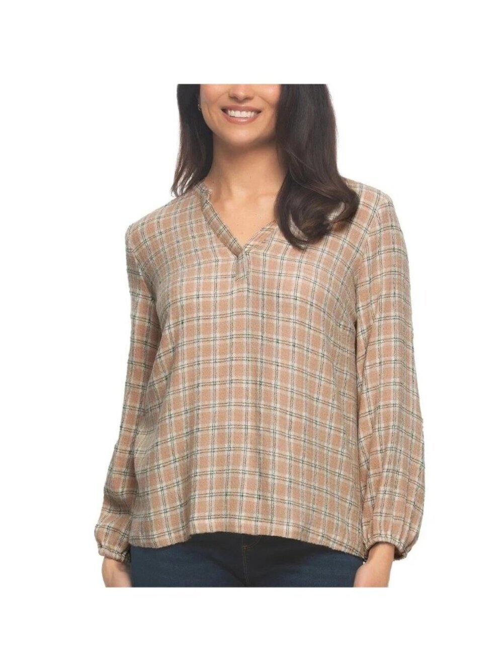 NWT Felina Women's  M Cream Plaid V-Neck Long Sleeve Top F1212